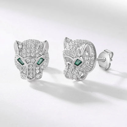 ALLNOEL 100% 925 Silver Stud Earrings For Women Leopard Head Green CZ Eye Panther Animal Jewelry Hip Hop Punk Gift Wholesale