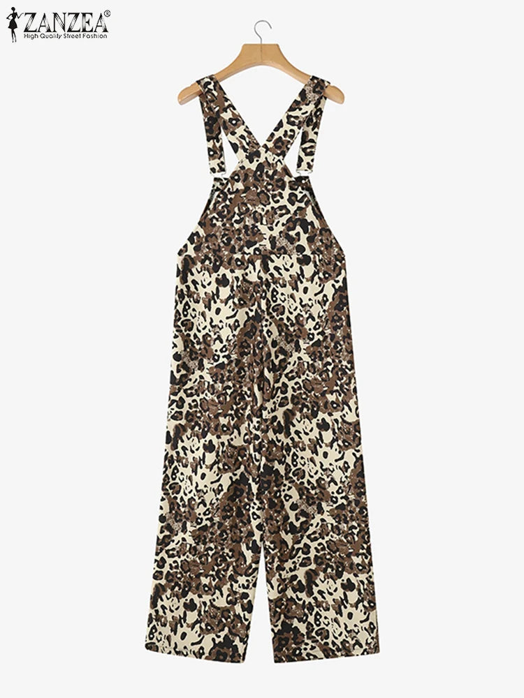 ZANZEA Fashion Leopard Print Jumpsuits Women Summer Overalls 2025 Casual Pockets Wide Leg Pants Loose Streetwear Long Rompers