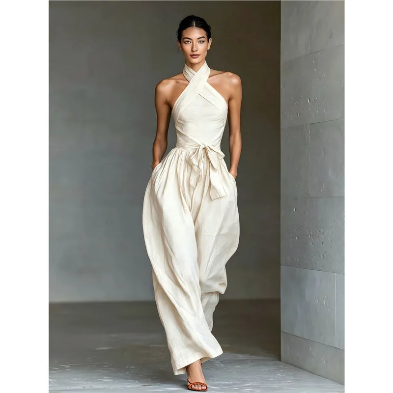 2026 High Waist Tie-up Wide Leg Pants Jumpsuit Woman Sexy Criss Cross Halter Backless Zips Romper Summer Solid Office Overalls