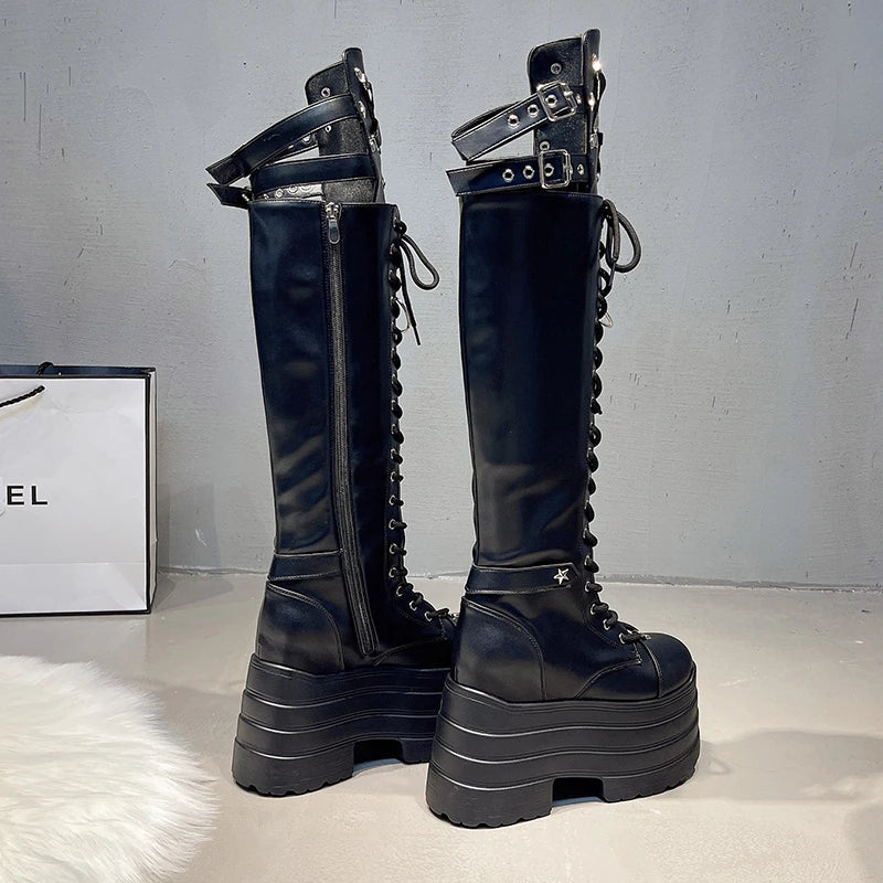 Super high heel high boots Spring and Autumn New round toe shallow mouth metal buckle platform non-slip thick heel boots
