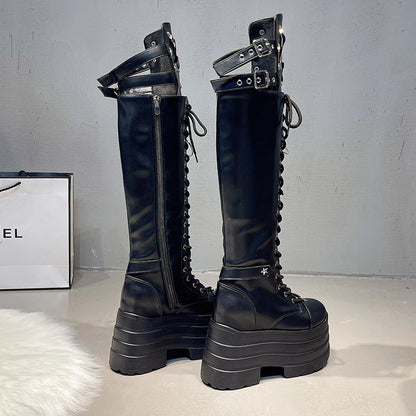 Super high heel high boots Spring and Autumn New round toe shallow mouth metal buckle platform non-slip thick heel boots