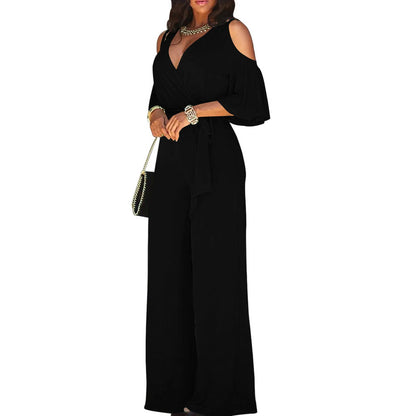 Jumpsuit Summer Pure Color Women Sexy Deep V Neck Short Sleeve Rompers Fashion Slim Fit Lace Up Elegant Female Wide Leg Jumpsuit
