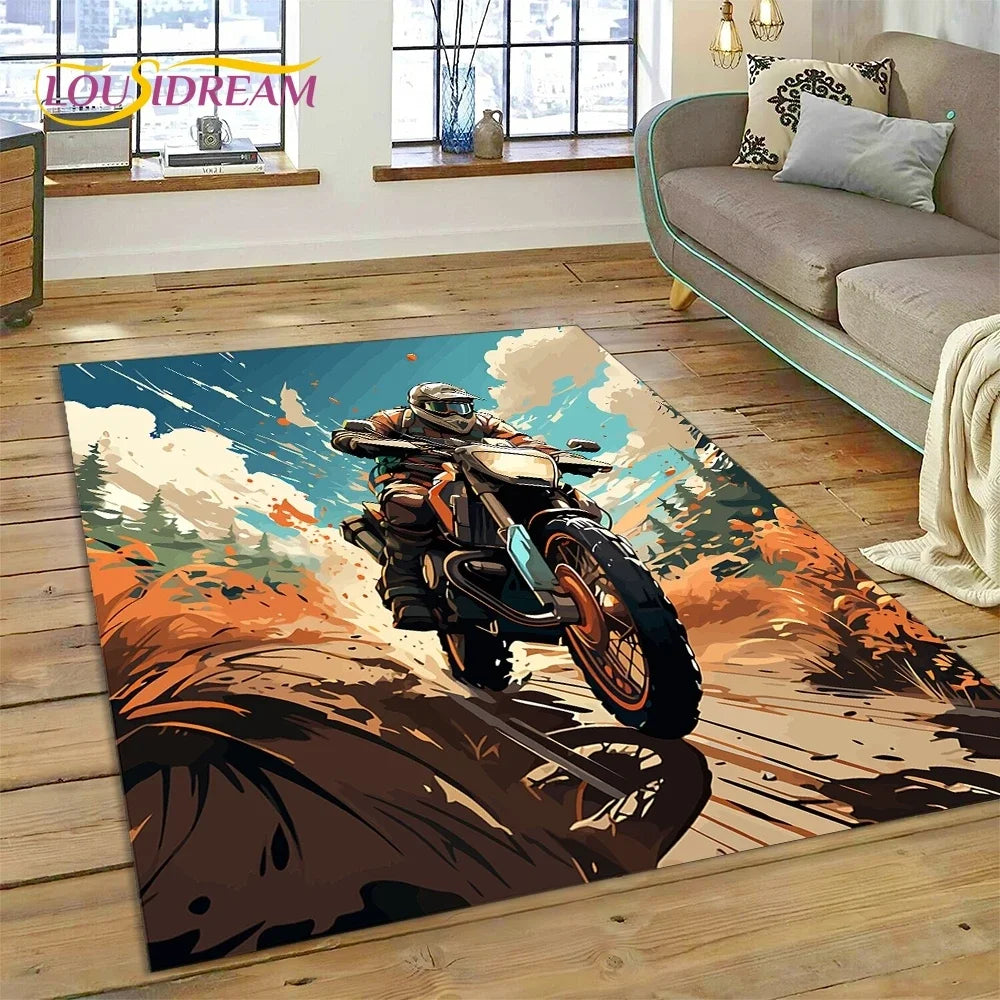 Motocross Modern retro Motorcycle Carpet Rug for Bedroom Living Room Home Sofa Decoration,Children Game Large Decor Floor Mat