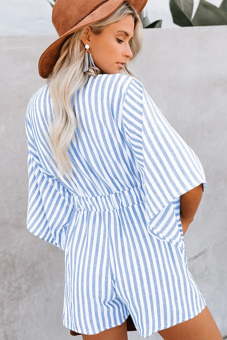 Summer waist slimming striped jumpsuit for women, European and American foreign trade deep V flared sleeve three quarter pants