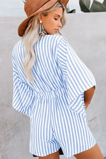 Summer waist slimming striped jumpsuit for women, European and American foreign trade deep V flared sleeve three quarter pants