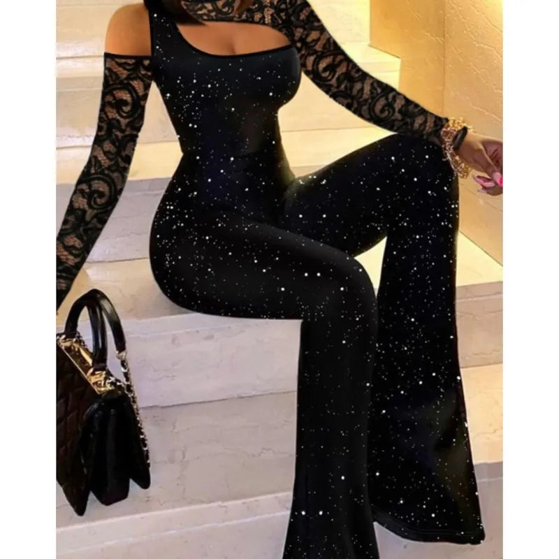 Women's Fashion Sexy Jumpsuits Spring Summer Black Lace Glitter Silver Slim Fit Off-shoulder High Collar Jumpsuit Wide Leg Pants