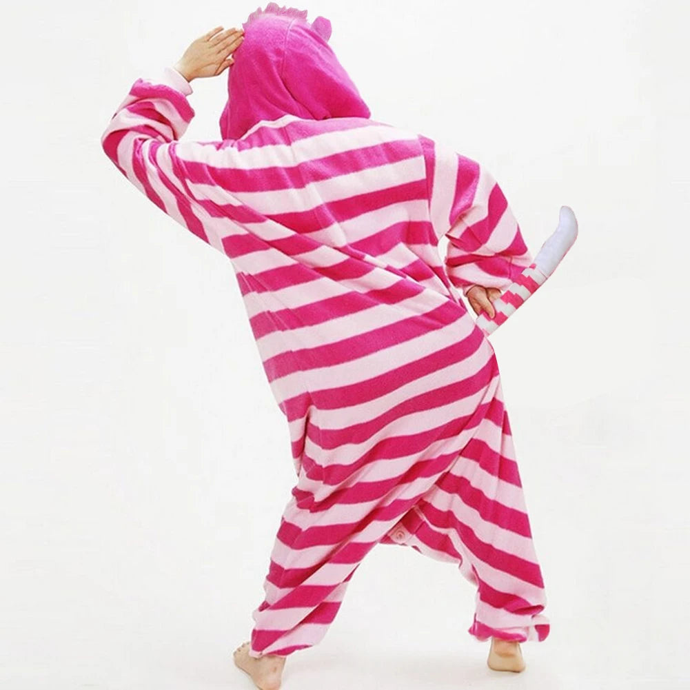 Cheshire Cat Cartoon One-Piece Pajamas Flannel Men and Women  Home Wear Autumn and Winter Home Clothing for Autumn and Winter