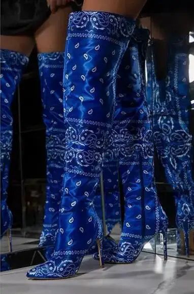 Autumn Royal Blue Red Silk Colorful Print Pointed Toe Over The Knee Boots Women Ethnic Style Hidden Zipper Slim Thigh Long Boots