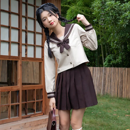 JK School Uniform Set Sailor Suit with Pleated Skirt Milk Tea Color Jk Outfit