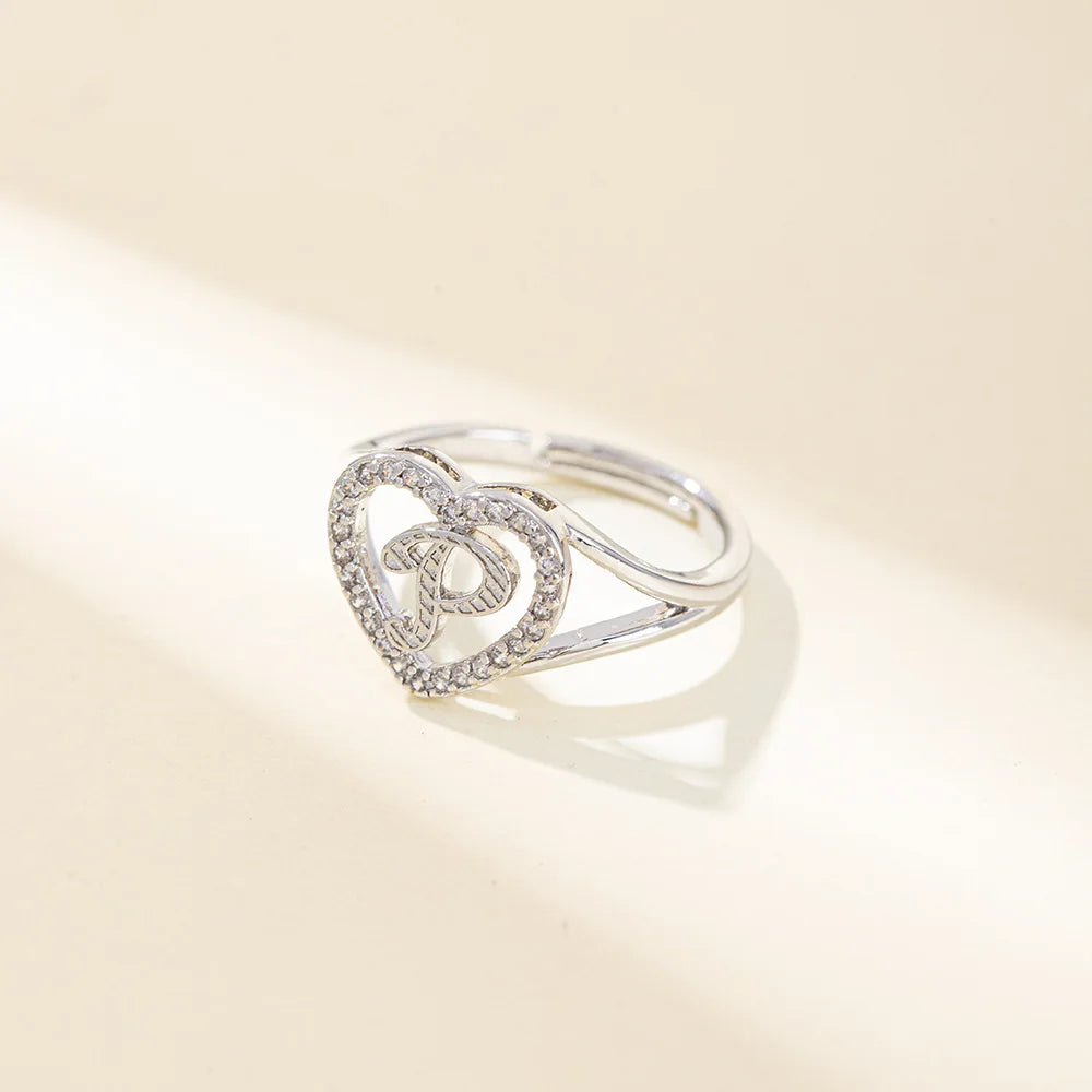 White Zircon 26 Letters A-Z Love Heart Open Adjustable Rings For Women Gold Silver Color Wedding Band Jewelry Mother's Day Gifts