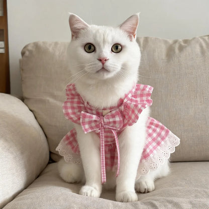 New Pet Clothing with Flying Shoulder Sleeves and Checkered Lace Dog Skirt, Cat Clothing Skirt