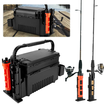 2 Tier Fishing Tackle Box Fishing Gear Box with Cup & Rod Holder Fishing Gear Carry Case Fishing Tool Box Fishing Accessories