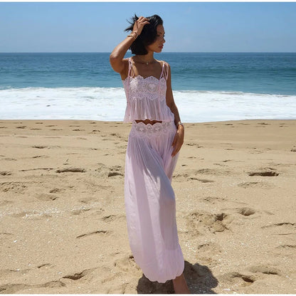 Beach Pink Lace Spliced Women's Set Summer See Through Strap Tank Top Pleated Lantern Pants Sets Lady New Casual Vacation Outfit