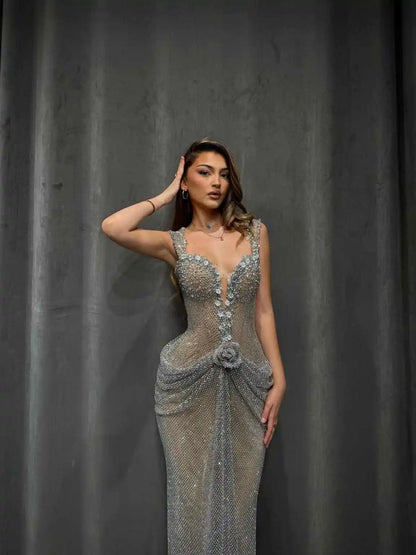 Elegant Sequined Lace Evening Dresses Illusion Sleeveless Appliques Mermaid Prom Dress Customized Floor Length Party Gown