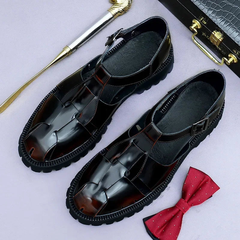 4.5Cm Thick Sole Heightening Sandals Men's Glossy Cowhide Buckle Business Casual British Genuine Leather Summer Sandals for Men
