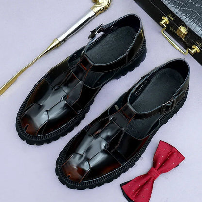 4.5Cm Thick Sole Heightening Sandals Men's Glossy Cowhide Buckle Business Casual British Genuine Leather Summer Sandals for Men