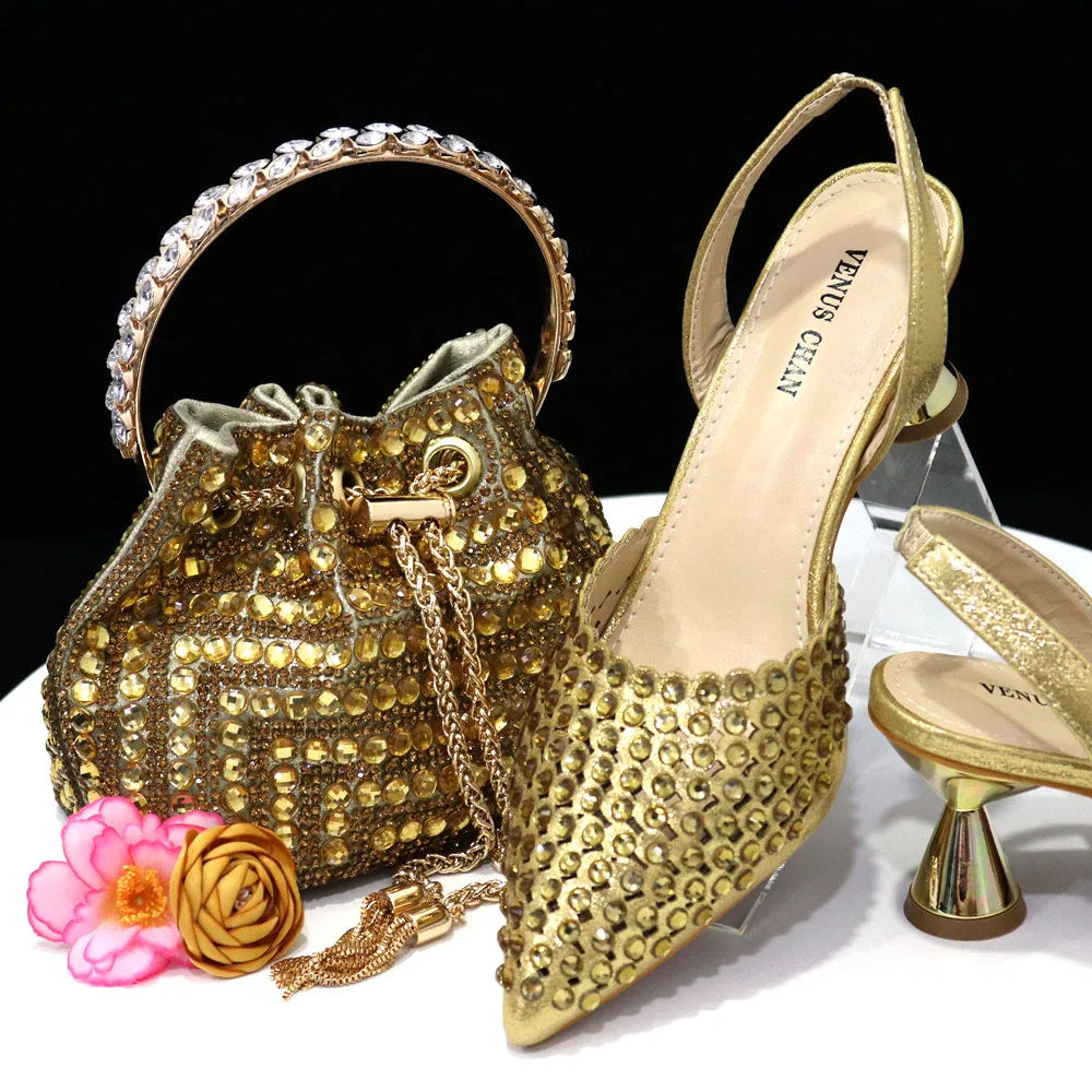 Elegant Multicolor Rhinestone Slingback Heels & Bucket Bag Set Luxury Crystal Matching Kit for Wedding Party Evening Bridal Form
