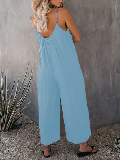 Strap jumpsuit for women's summer new cross-border solid color inserted bag casual jumpsuit