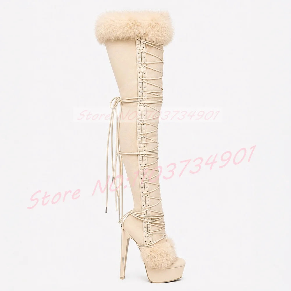 Cross Strap Mixed Colors Thigh-High Boots Women Green Furry Lace-Up Platform Round Toe Purple Suede High Heels Crotch Boots
