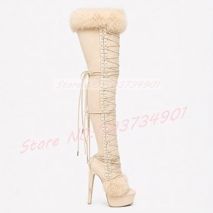 Cross Strap Mixed Colors Thigh-High Boots Women Green Furry Lace-Up Platform Round Toe Purple Suede High Heels Crotch Boots
