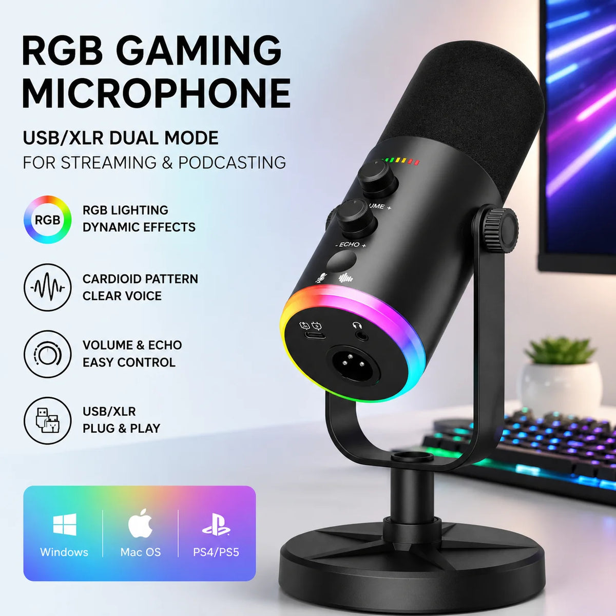 USB/XLR Gaming Microphone, Dynamic PC Mic for Podcasting Streaming, Computer RGB Mic Kit with Desktop Stand, for Recording