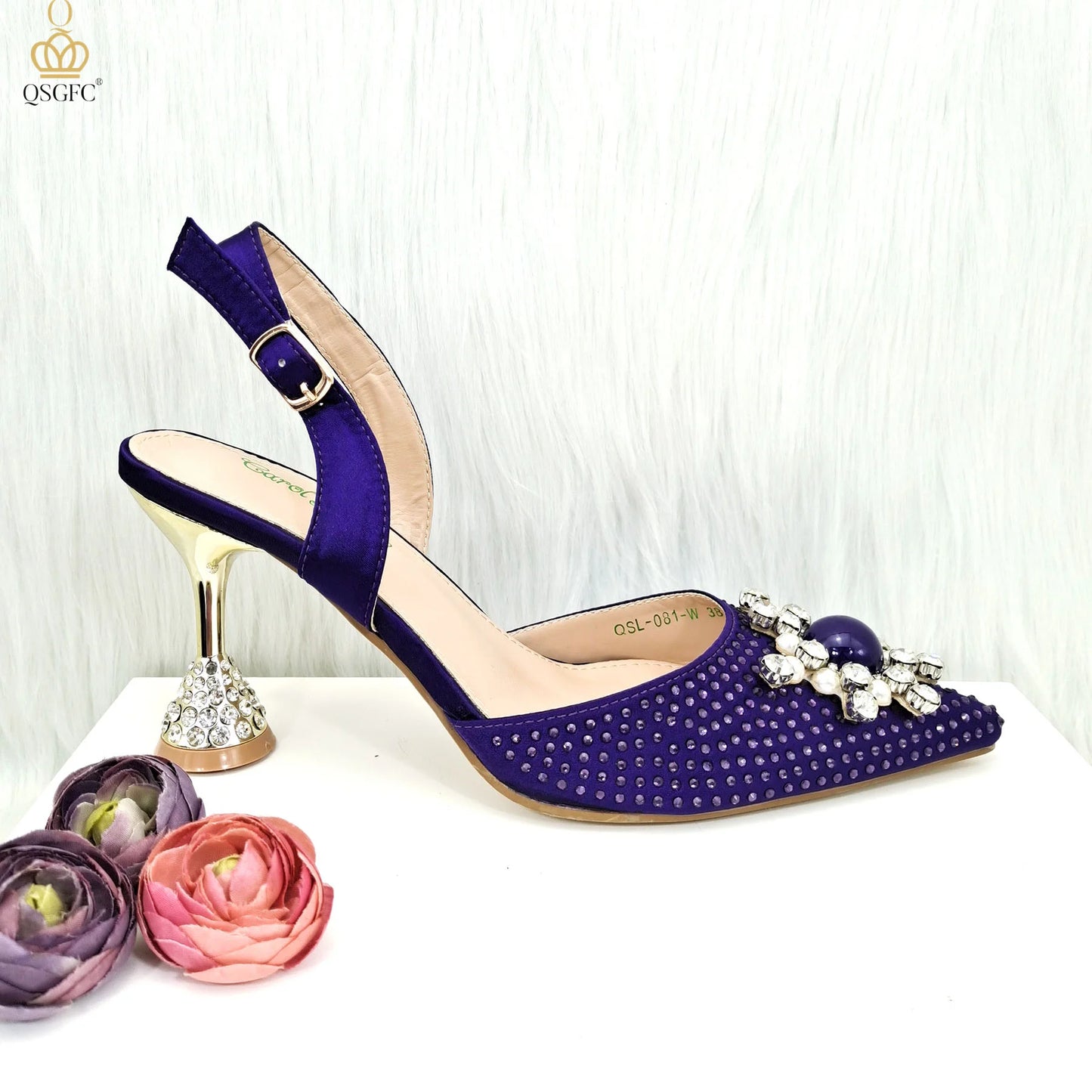 QSGFC 2023 New Fashion Purple Sandals Sequins Rhinestone Point Toe High Heels Slingback Women's Dress Women's Shoes & Bag Set