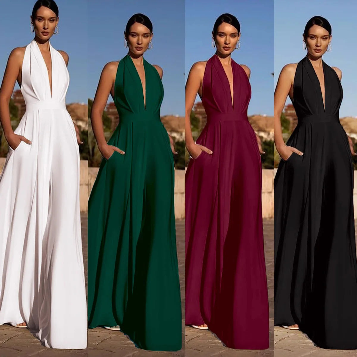 Temperament Elegant Halter Neck Jumpsuits Women Sexy Deep V-neck Backless High Waist Wide Leg Jumpsuit Solid Color Female New