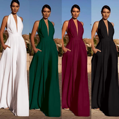 Temperament Elegant Halter Neck Jumpsuits Women Sexy Deep V-neck Backless High Waist Wide Leg Jumpsuit Solid Color Female New