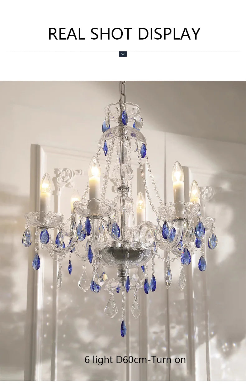 French Blue Romantic Crysatl Chandeliers Light Luxury Glass Living Room Art Decor Candle Pendant Lights Lighting Bedroom Lamps