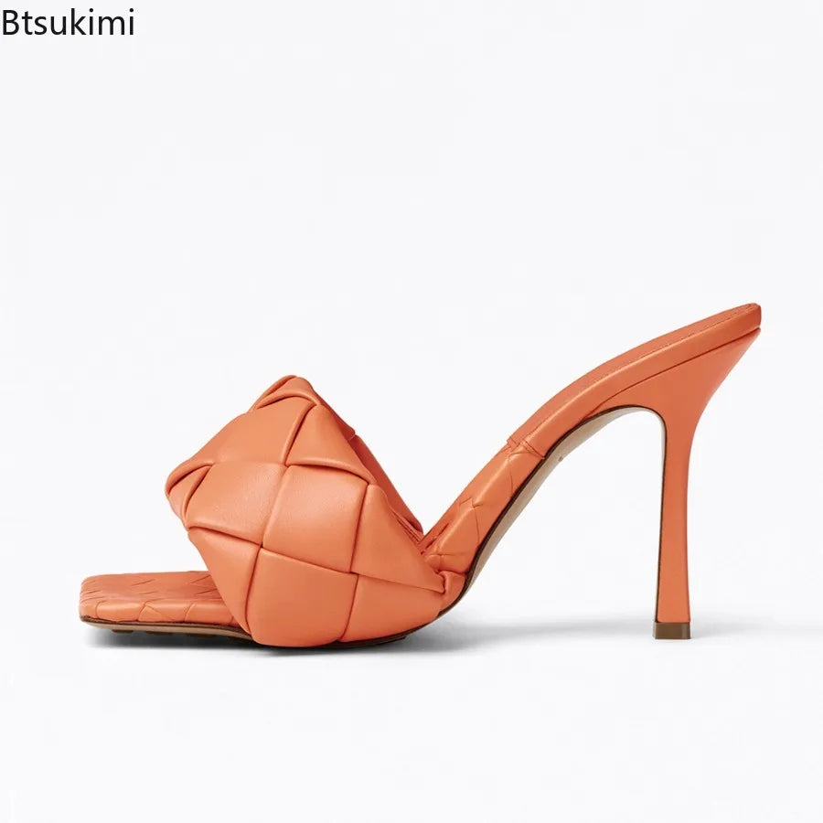New 2026 Summer Fashion Women's Slippers PU Leather Square Toe Sandals for Women Fluorescent Yellow Fine Heel Ladies High Heels