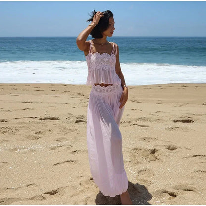 Floral Lace Embroidered Sheer Sling 2 Pcs Set Spaghetti Strap Crop Top High Waist Lantern Pants 2026 Summer Beach Women Outfits