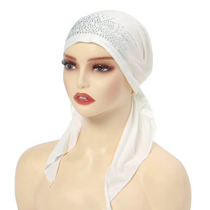 Fashion Muslim Headscarf Hat for Women Thin Summer Inner Hijab Caps Solid Color Diamond Turban Bonnet India Headwrap
