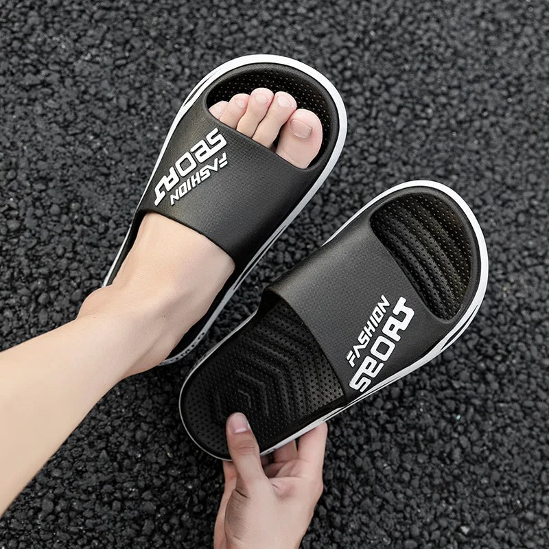 Men's Letter Print Slide Sandals Color Block Thick Sole Sport Slippers 2026