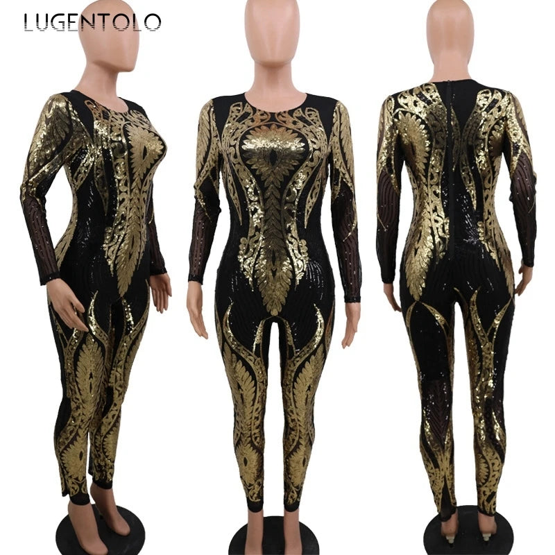 Sexy Gold Sequin Jumpsuit Women Bodycon Overalls Glitter Bandage Rompers Elegant Party Club lady Fashion Jumpsuits