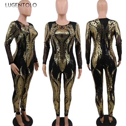 Sexy Gold Sequin Jumpsuit Women Bodycon Overalls Glitter Bandage Rompers Elegant Party Club lady Fashion Jumpsuits