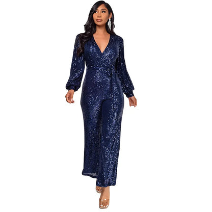 Uoozee Women's Deep V-Neck Sequins Club Jumpsuits Long Puff Sleeve Tie Waist Straight-leg Party Evening One Piece Outfits 2026