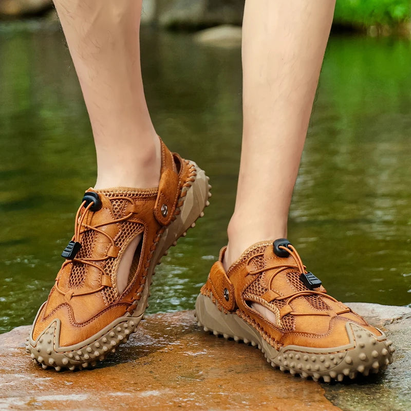 Mens Sandals Summer Outdoor Casual Mesh Hollow Walk Fishing Wading Shoes Lightweight Non Slip Hand Sewn Beach Slippers Man