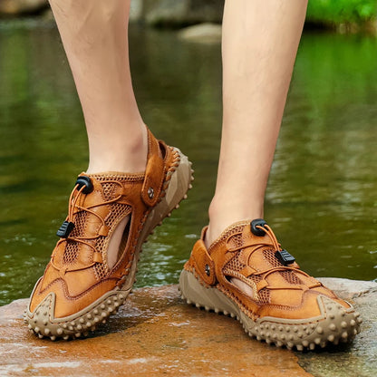 Mens Sandals Summer Outdoor Casual Mesh Hollow Walk Fishing Wading Shoes Lightweight Non Slip Hand Sewn Beach Slippers Man