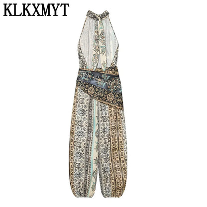 KLKXMYT New Vintage Print Jumpsuit For Women Lace-up Design Halter Neck Casual Outfit Fashion Backless Sexy Rompers ﻿ ﻿