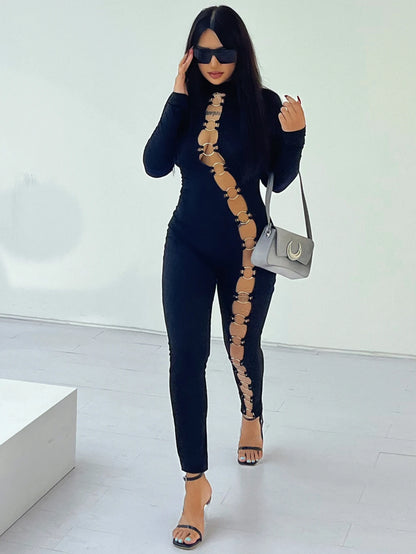 Women's stand up collar tight solid color jumpsuit with metal circle decoration long sleeved all-in-one pants, fitness leggings