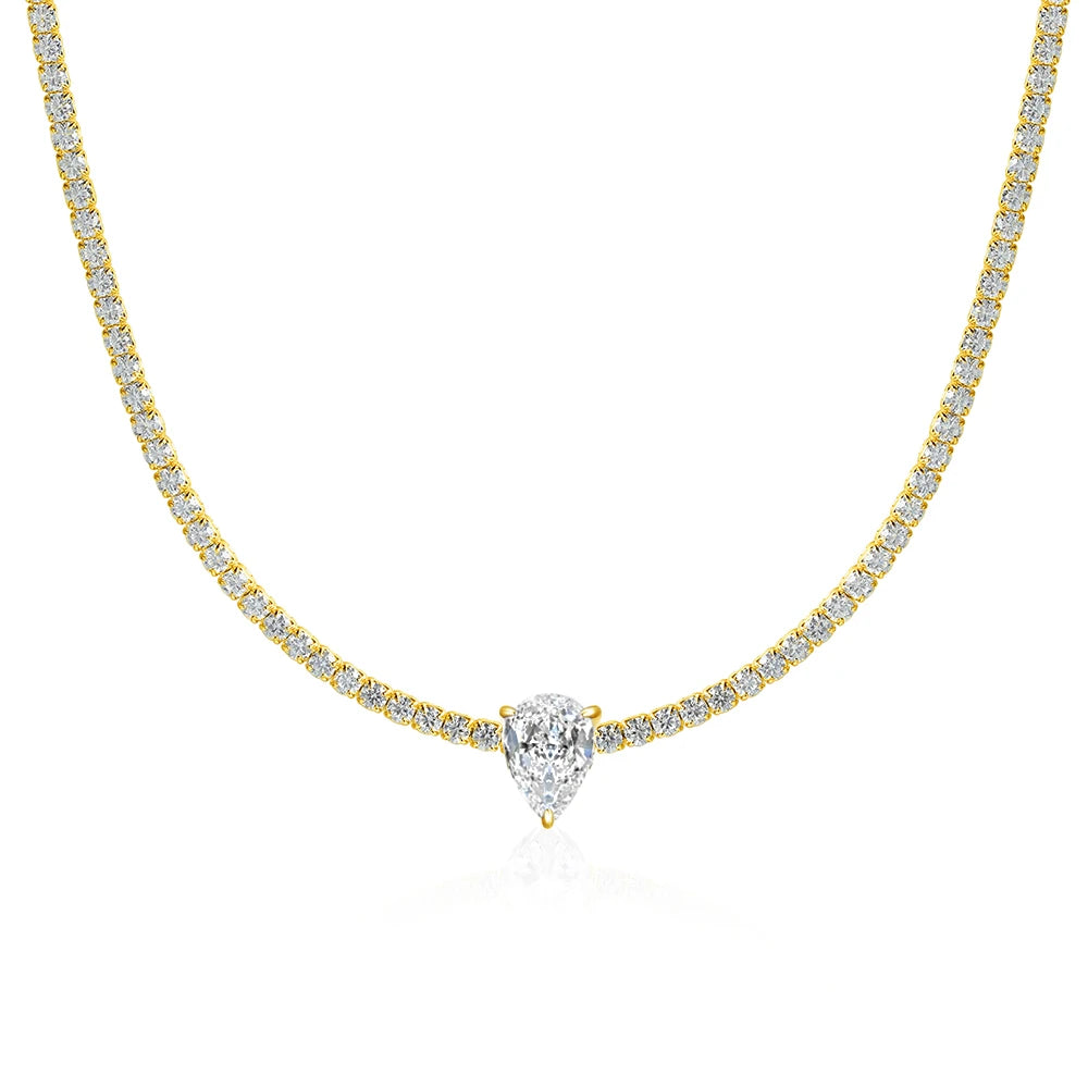 2mm Round Moissanite Riviera Tennis Necklace&Pear Cut Diamond Pendant Adjustable Choker for Women 925 Sterling Silver Jewelry