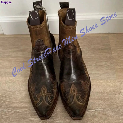 Vintage Embroidery Western Cowboy Ankle Boots Men Distressed Washed Leather Pointed Elastic Slip On Chelsea Boots Low Block Heel