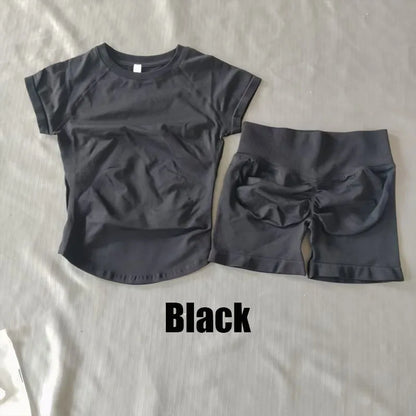 2-piece set DF L0G0 seamless sports and fitness suit short sleeves, impact yoga fitness running shorts sports set