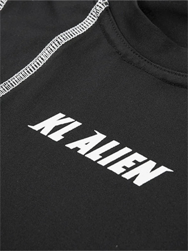2025 Women Sexy Mesh Patchwork Letter Print Bodysuit Fashion Balck Patchwork Long Sleeve O-Neck Fitness Tops Wild Streetwear