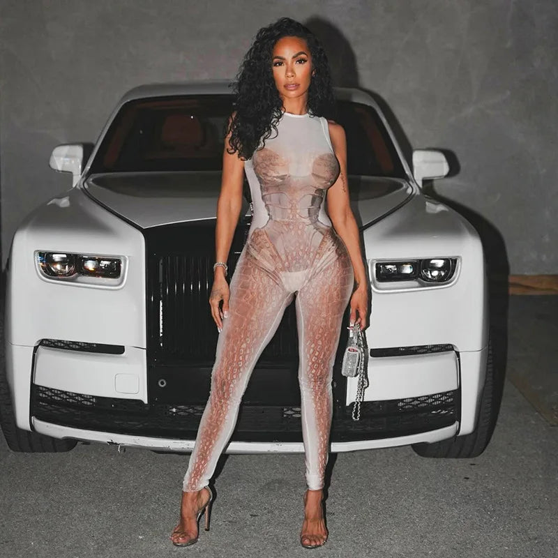 FAGADOER Fashion Scale Printing Patchwork Bodycon Jumpsuits Woman See Through Sleeveless Rompers Female Streetwear Overalls New