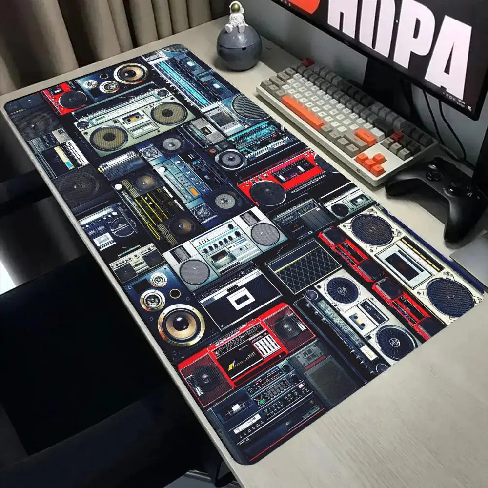 Vintage Boombox Radio Large Gaming MousePad Non Slip Keyboard Desk Mat Retro Audio Device Print Desktop Mousepad Gamer Table Mat