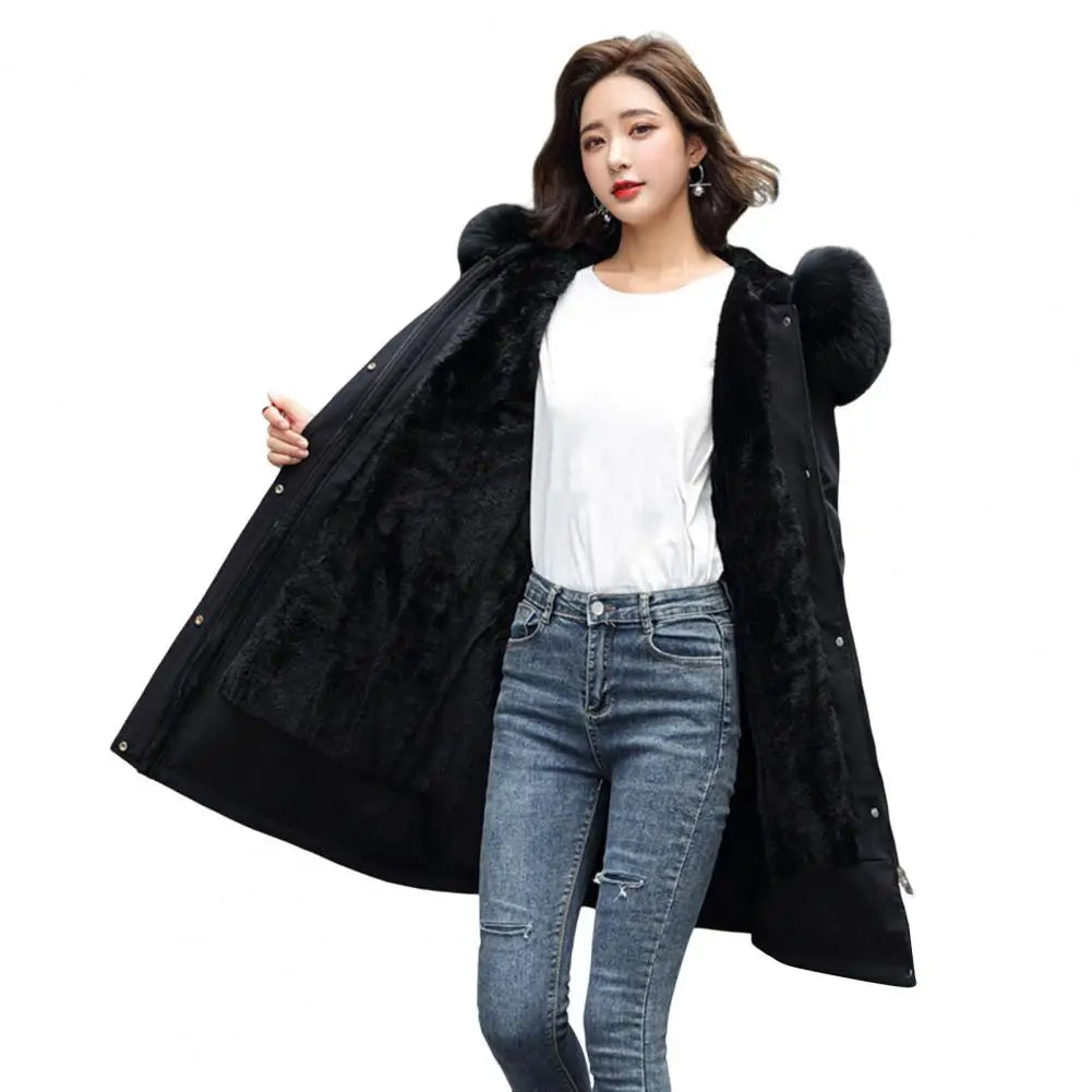 Winter Women Jacket Furry Hood Cotton Jacket Plus Size Zipper And Button Closure Plush Lining Cotton Coat Windproof Warm Coat