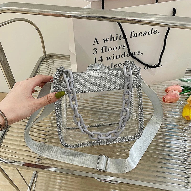 Clear Crossbody Bag for Women PVC Transparent Single Shoulder Chain Portable Messenger Bags Small Square Satchel Bag Girls Gift