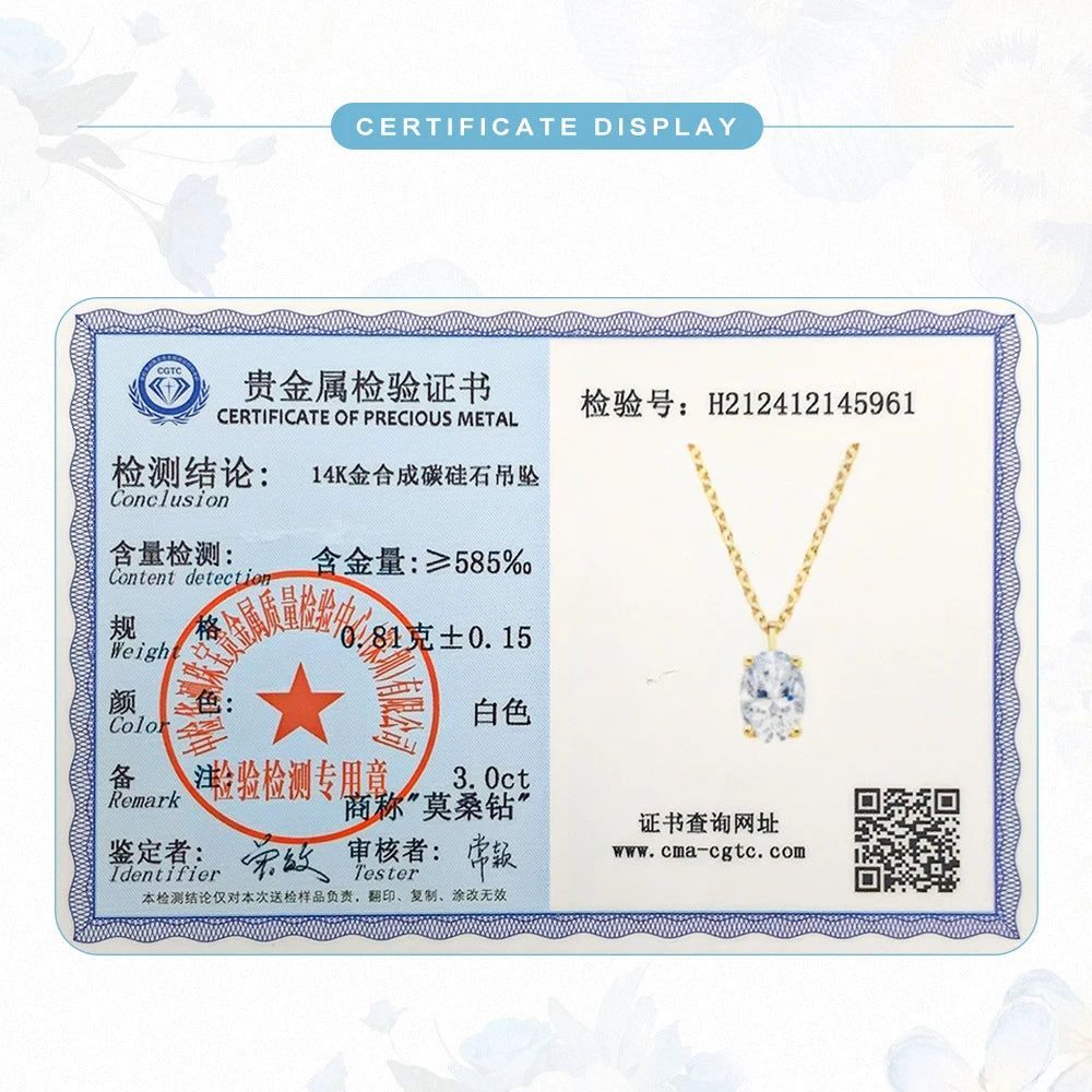 14K Yellow Gold Moissanite Diamond Necklace for Women Marriage Pendant Couple Engagement Oval Cut 1ct/2ct/3ct with Certificate