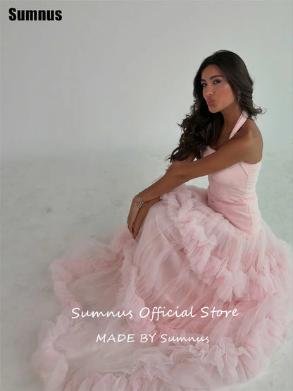 Sumnus Elegant A-Line Evening Dresses Pink Halter Ruched Ruffle Maxi Prom Dress Draped Birthday Princess Dress 2026 Customized